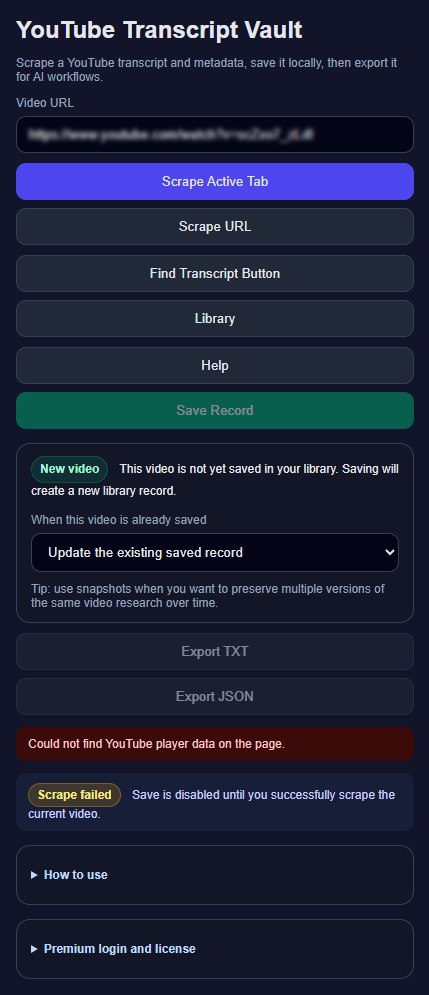 YouTube Transcript Vault popup interface